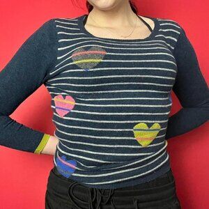 White stuff / Navy blue and striped sweater with colourful hearts​​​​​​​​​​​